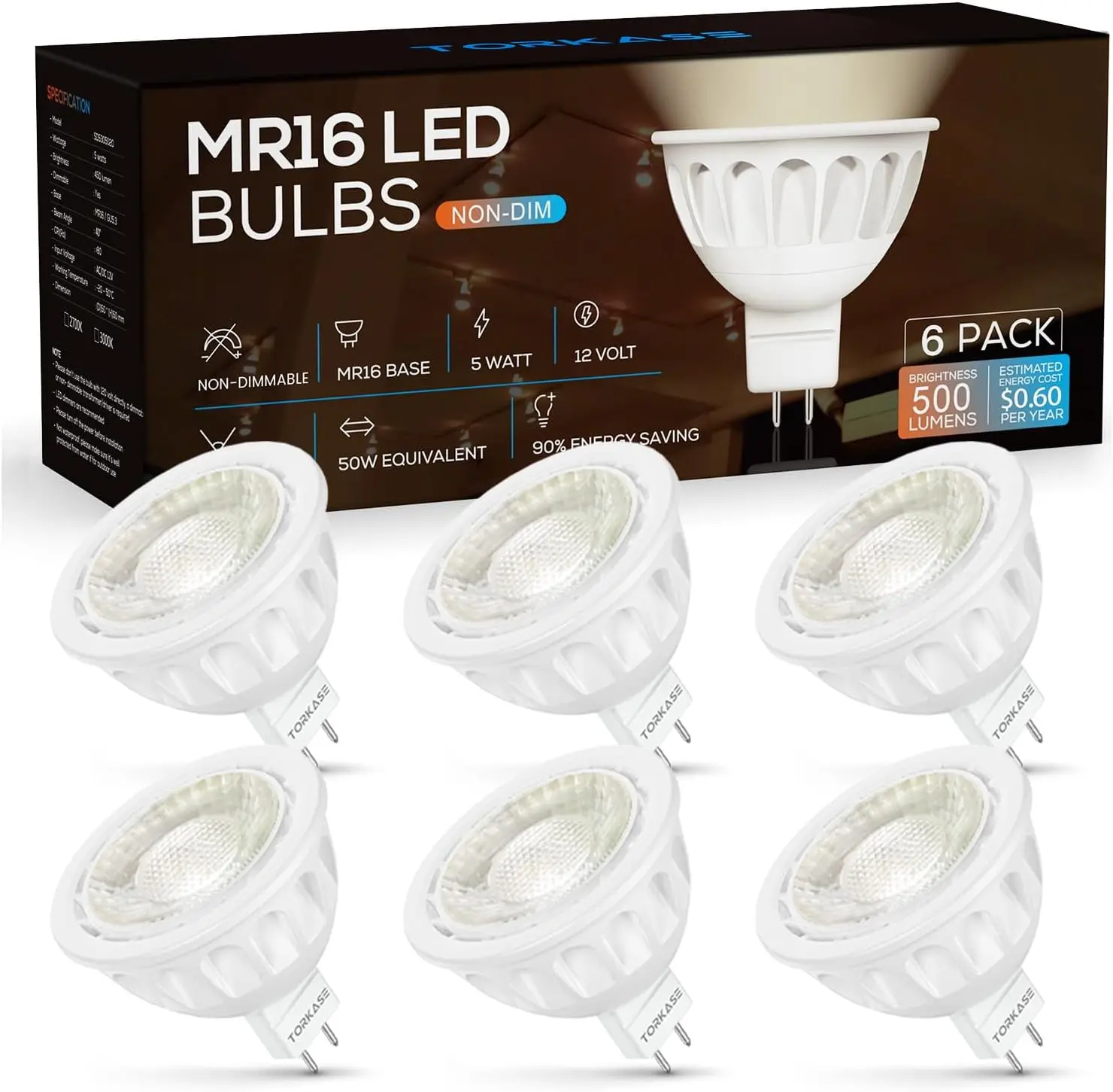 MR16 LED Light Bulb, AC/DC12V 5W 50W Equivalent, GU5.3 Bi-Pin Base, 3000K Warm White Non-Dimmable, 90% Energy Saving, 40 Degree Narrow Beam Angle Spotlight MR16 Landscape Light Bulbs, 6 Pack
