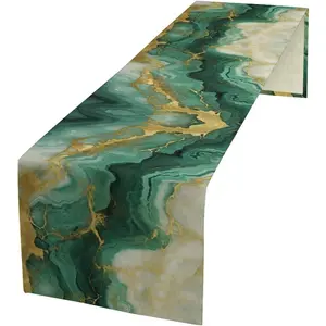 Green Marble,Stone Ink Art Texture Luxury Gold Foil Liquid Table for Restaurant Wedding Carbin Indoor Home Cabin Dining Decoration 13*70in