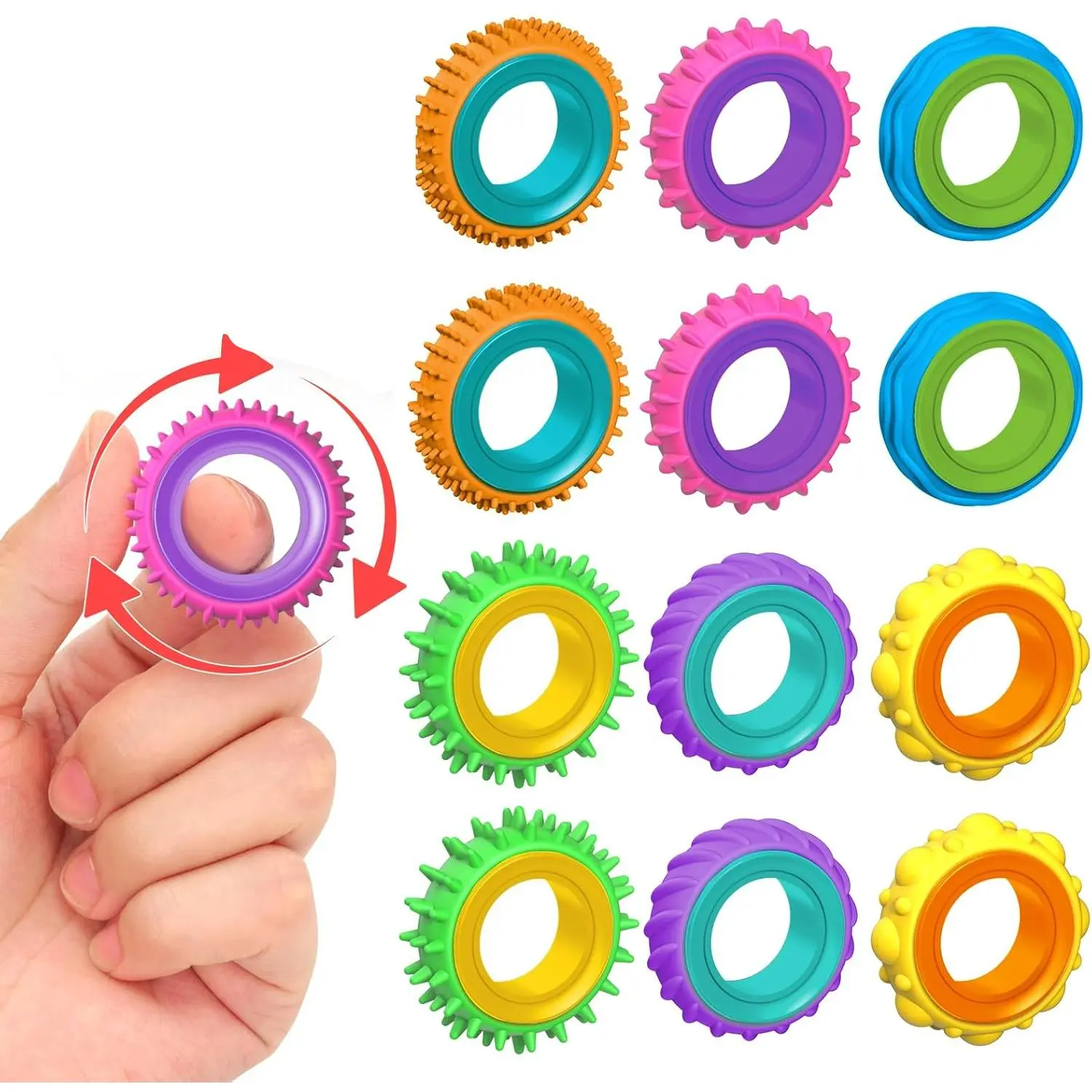 12 Pack Unisex Latex-Free Sensory Fidget Rings - Textured Finger Spinners, Autism Calming Tools, Student Classroom Prize Party Bag Gifts & Stocking Stuffers