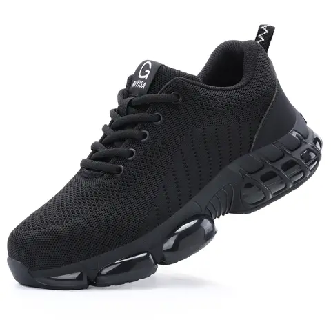 HISQIM Women's Steel Toe Mesh Fabric Sneakers - Closed Lace-Up Walking Shoes, Breathable, Non-Slip, Lightweight Round Toe, Air Cushion, Puncture-Proof Solid Sole, Double Protection Work & Safety Footwear for Workers