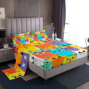 Feelyou Cartoon Pet Cat Pattern Bedding Set - Colorful Chic Kitten Print Lightweight Bedsheet Set, Easy-Care Soft Bedroom Linens, Kawaii Animal-Themed Luxury Bedding, Bedroom Bedding Set, Bedsheet Sets