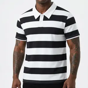 TJL Men's Striped Polo Shirt - Black & White Short Sleeve Top for Menswear - Stylish & Comfortable Men Linen Outfit Casual Design
