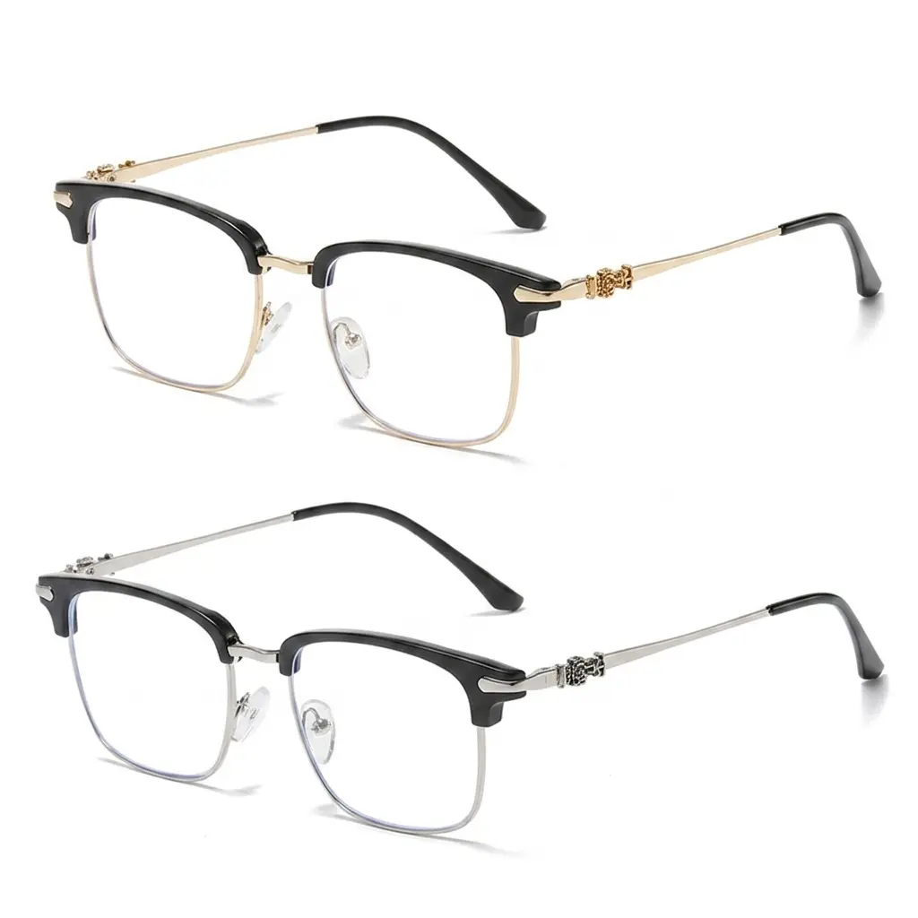 Browline Blue Light Blocking Glasses for Men and Women - Black Half-Rim Square Frame, Silver Metal Temple, Non-Prescription Computer Eyewear for Eye Strain Protection