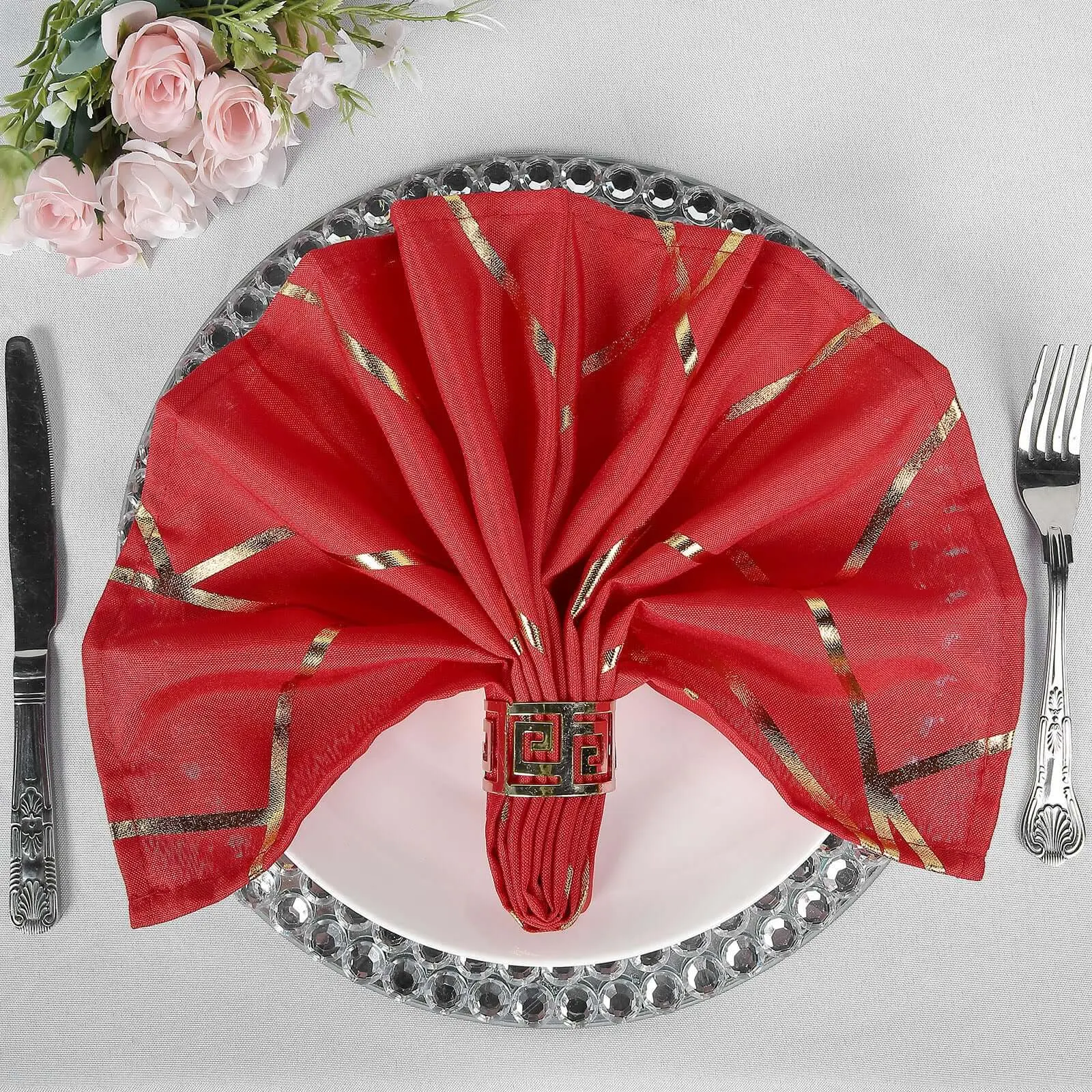 5-Pack 20"x20" Red Polyester Contemporary Cloth Napkins with Gold Geometric Foil Pattern - Reusable Multipack Napkins for Birthday, Restaurant Use, Tableware