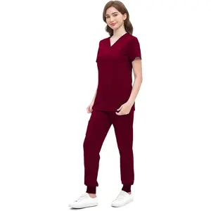 Jogging Scrubs Set for Women,Soft and Stretchy Nurse Uniform V-Neck Top and Yoga Jogger Pants with Multi Pocket