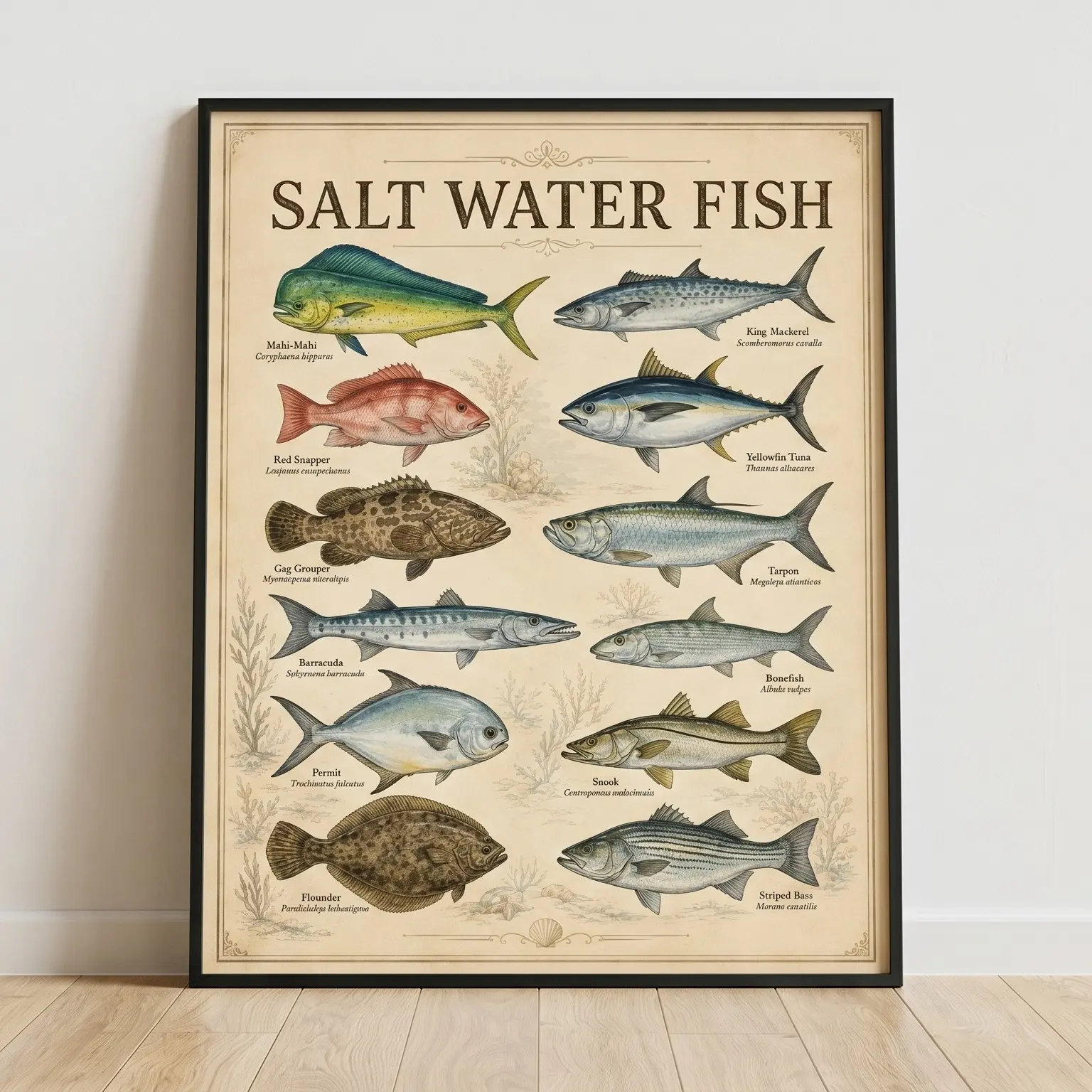 Unframed Salt Water Fish Identification Chart Poster, Retro Fisherman Gift Wall Art Print, Vintage Nautical Ocean Decor for Living Room Kitchen Office