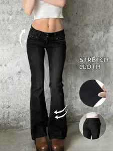 Women's Bell-Bottom Jeans Y2K 90s Style Mid-Low Waist Vintage Denim Jeans Streetwear, Slim-Fitting Long Regular Fit Natural Waist Pants