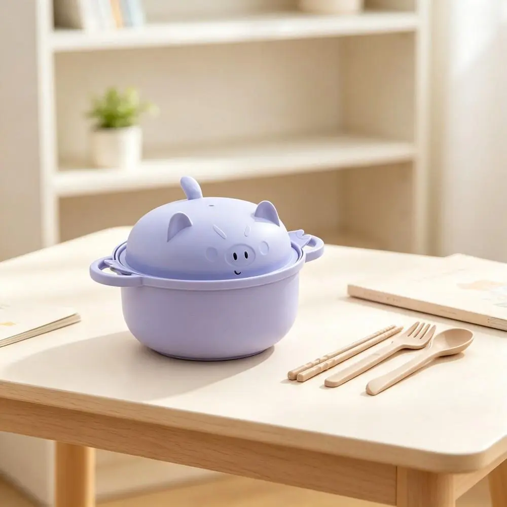 Pig-Purple Wheat Straw Stackable Storage Instant Noodle Tableware Set, Heat-Resistant Microwave-Safe Bowl with Full Utensils