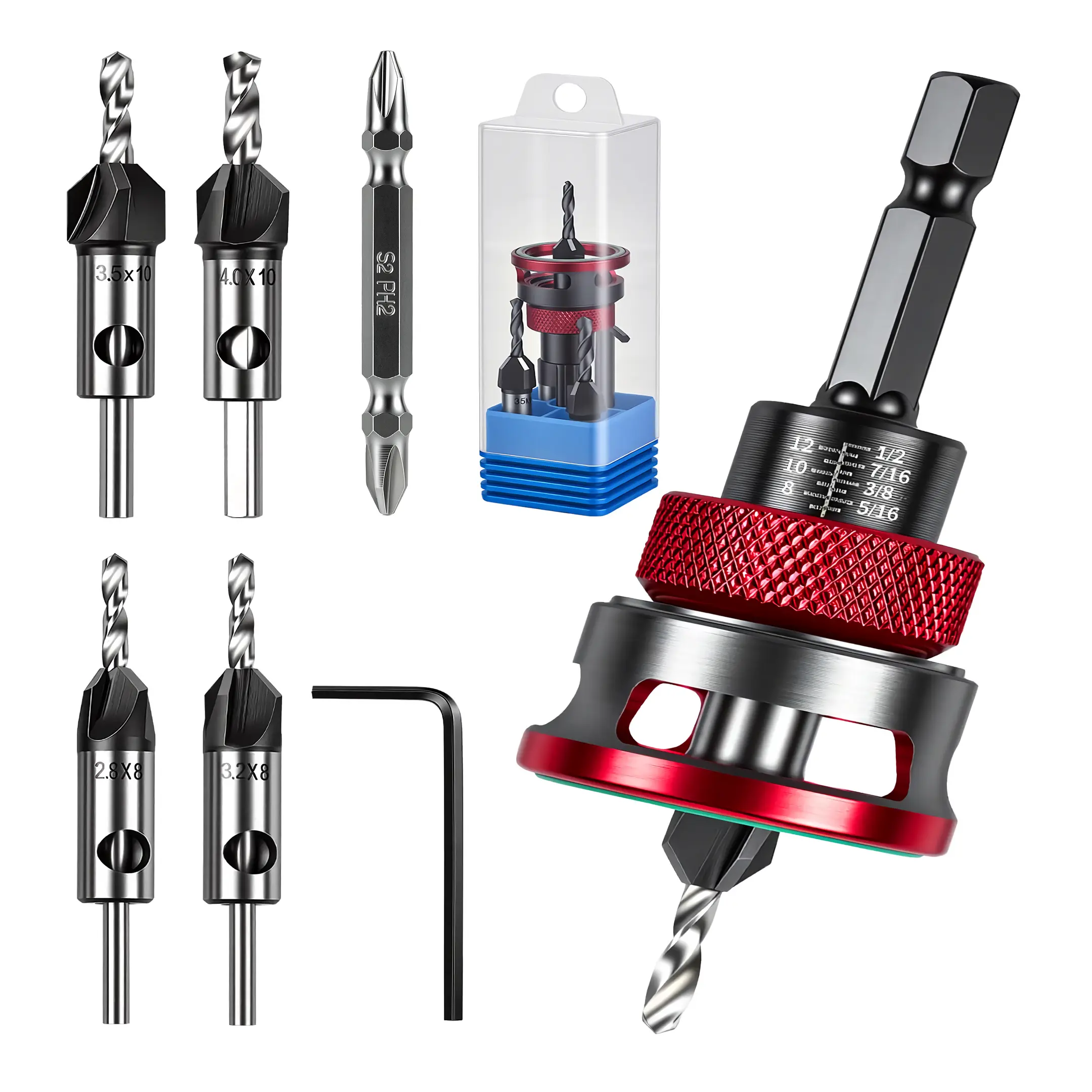4PCS HSS 4-Blade Tapered Countersink Drill Bit Set - Adjustable Depth Stop Control, Anti-Scratch Rubber Ring, Hex Shank with Wrench, Compatible with Most Drill Drivers for Carpenters, DIY Enthusiasts