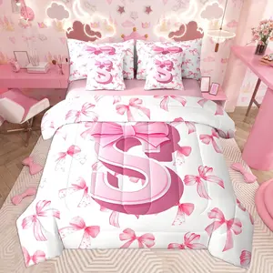 Kids Girls Cute Pink Bow Comforter Set with Sheets Monogrammed 7 Piece Bedding Set Personalized Initial S Bed in a Bag with Comforter,Sheets,Pillowcases Coquette Bow Modern Fashion