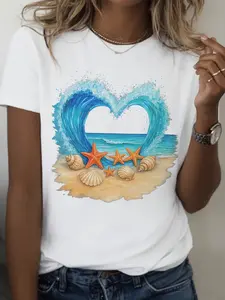 Shanchu Women'S Summer Beach T-Shirt with Heart Print - A White Casual Round Neck Top Featuring a Blue Heart And Starfish Design, Made from Soft Breathable Fabric, Machine Washable, Ideal for Casual Wear And Beach, a Perfect Gift for Beach Attire