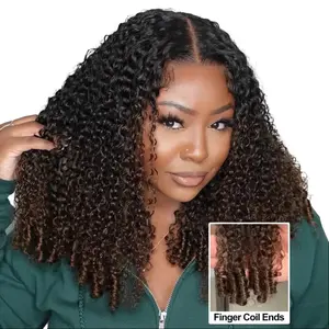 JEGOMO HAIR & BEAUTY 7x5 Bye Bye Slip Chestnut Brown Ombre Burmese Curly Wig With Finger Coil Ends -Put On & Go Glueless