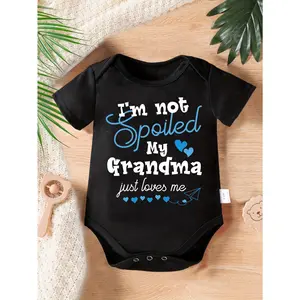 Cute Baby Bodysuit with I'm Not Spoiled My Grandma Just Loves Me Print Soft Versatile Round Neck Button Detail Regular Fit All Seasons Knitted Fabric Onesie for 0-12 Months