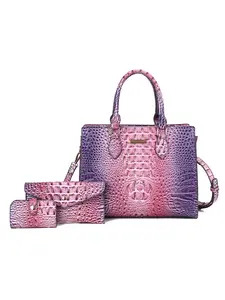 3pcs Gradient Crocodile Embossed Handbag Set for Women, Pink Purple Tote Bag + Crossbody Purse + Card Holder, Glossy Top-Handle Satchel for Work & Daily
