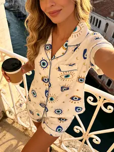 Women's Short Sleeve Pyjama Set, Bottom Blue Gold Demon Eye Full Print, Comfortable Breathable Casual Home Wear Nightwear