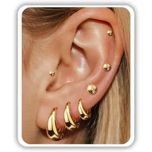 Small Chunky Gold Hoop Earrings Set for Women - 7 Pairs Hypoallergenic 14K Gold Plated Stud Earrings Stacks Surgical Steel Earrings for Multiple Piercing Small Huggie Hoop Earrings for Sensitive Ears Rotating Cross Crown Circle Pendant Necklace Gift