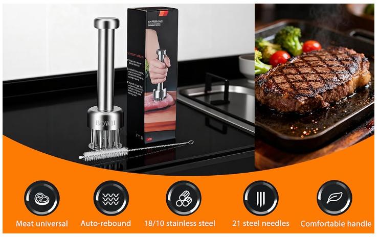 Stainless Steel Meat Tenderizer Tool with 21 Sharp Needles - A Meat Tenderizer Mallet for Chicken and Beef, Durable Meat Mallet Hammer, Easy-Grip Meat Hammer Tenderizer