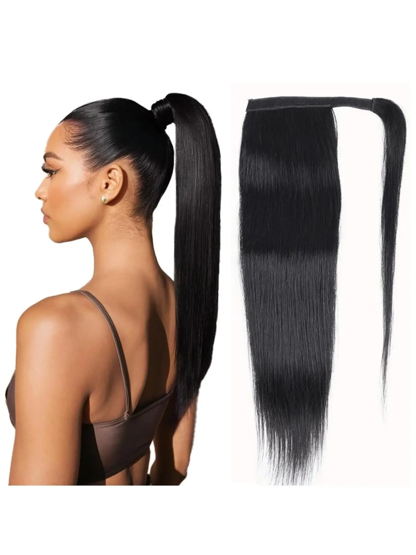 Magic Paste Ponytail Extensions Glueless Human Hair Straight Human Hair Magic Paste Wrap Around Ponytail Natural Color Real Remy Hair Extensions for Women