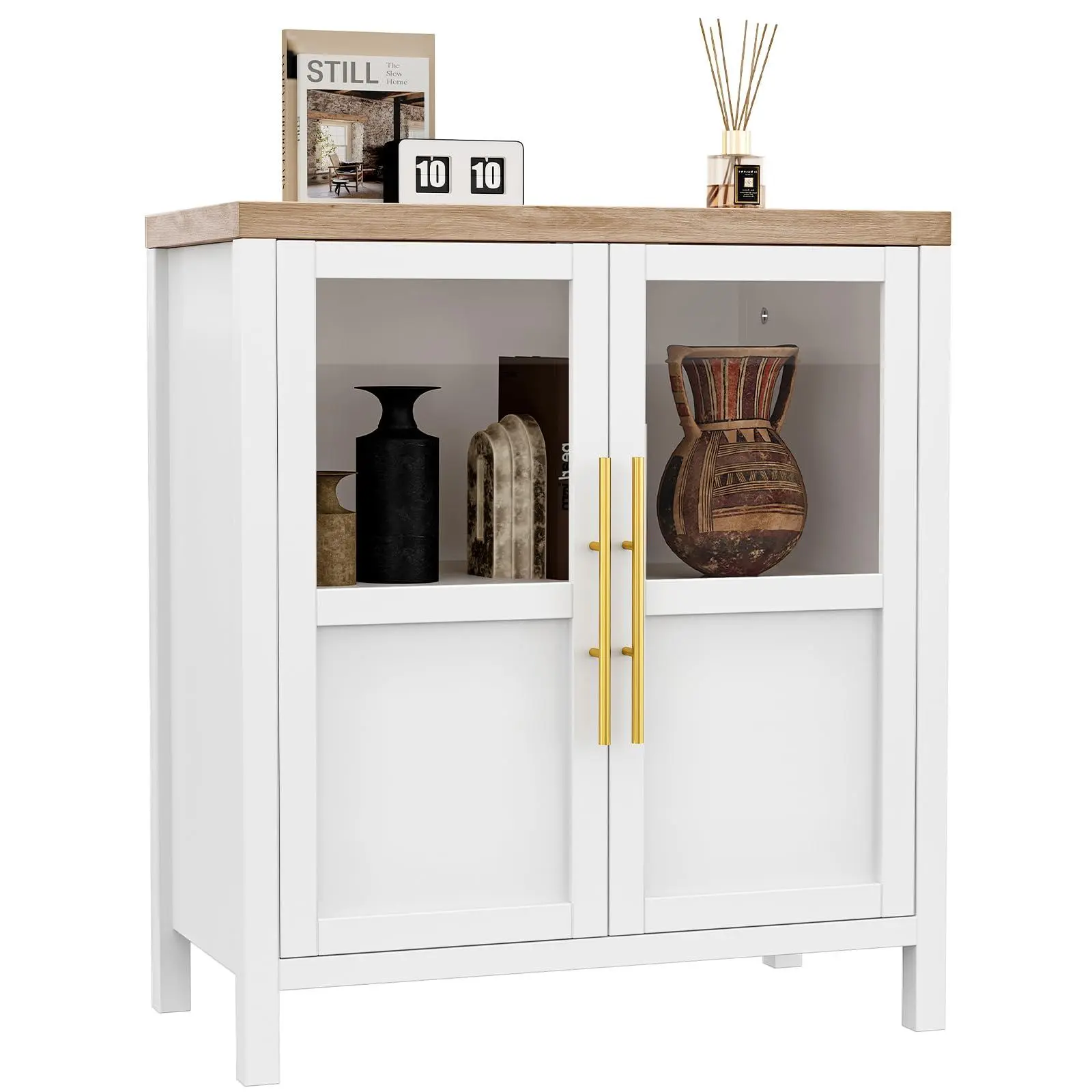 Farmhouse Rectangular Narrow Width Sideboard Buffet Cabinet - 55-Inch Engineered Wood Buffet Table with 4 Glass Doors, Easy Setup Coffee Bar Display Case for Kitchen, Dining Room, Storage Space