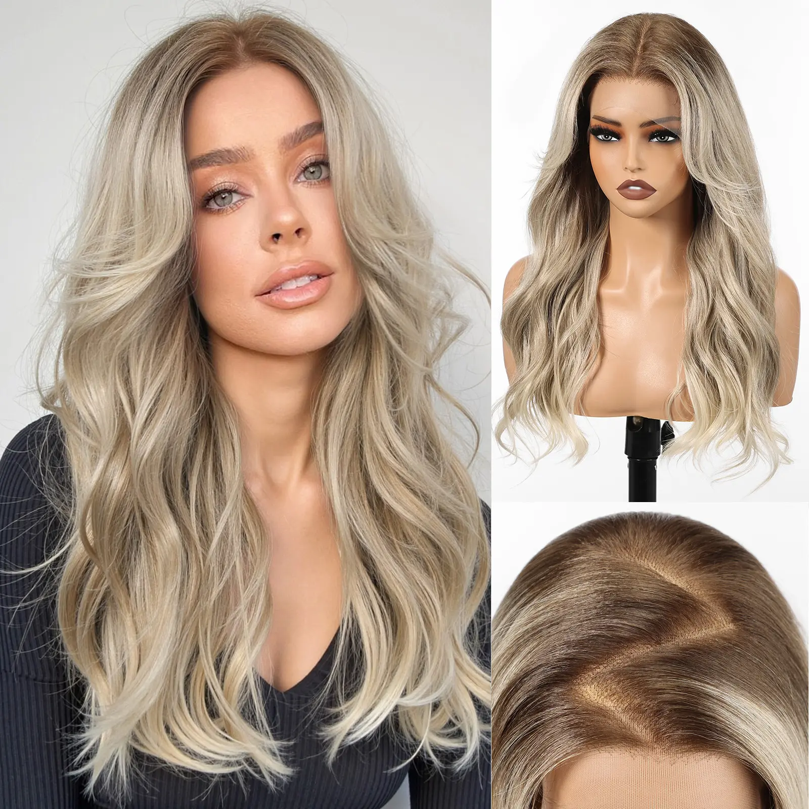 HAIRCUBE 13x6 Lace Front Wig 22 Inch Wave Wig Ombre Ash Blonde Synthetic Hair for Women Daily Use