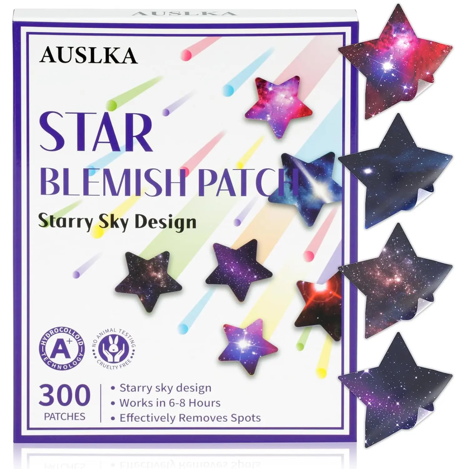 AUSLKA Star Pimple Patches - 300 Patches - Hydrocolloid Spot Dots For Zits, Blemishes, & Breakouts - Mixed Superstar Patches