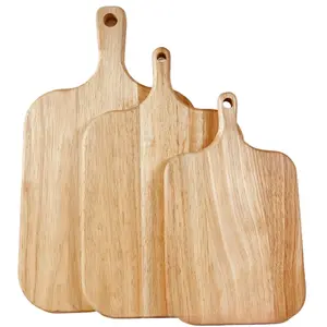 Rubber Wood Pizza Cutting Board, 15.35x9 Inch Durable Kitchen Chopping Block, Ergonomic Handle for Fruits Vegetables Meat Bread, Wooden Chopping Board
