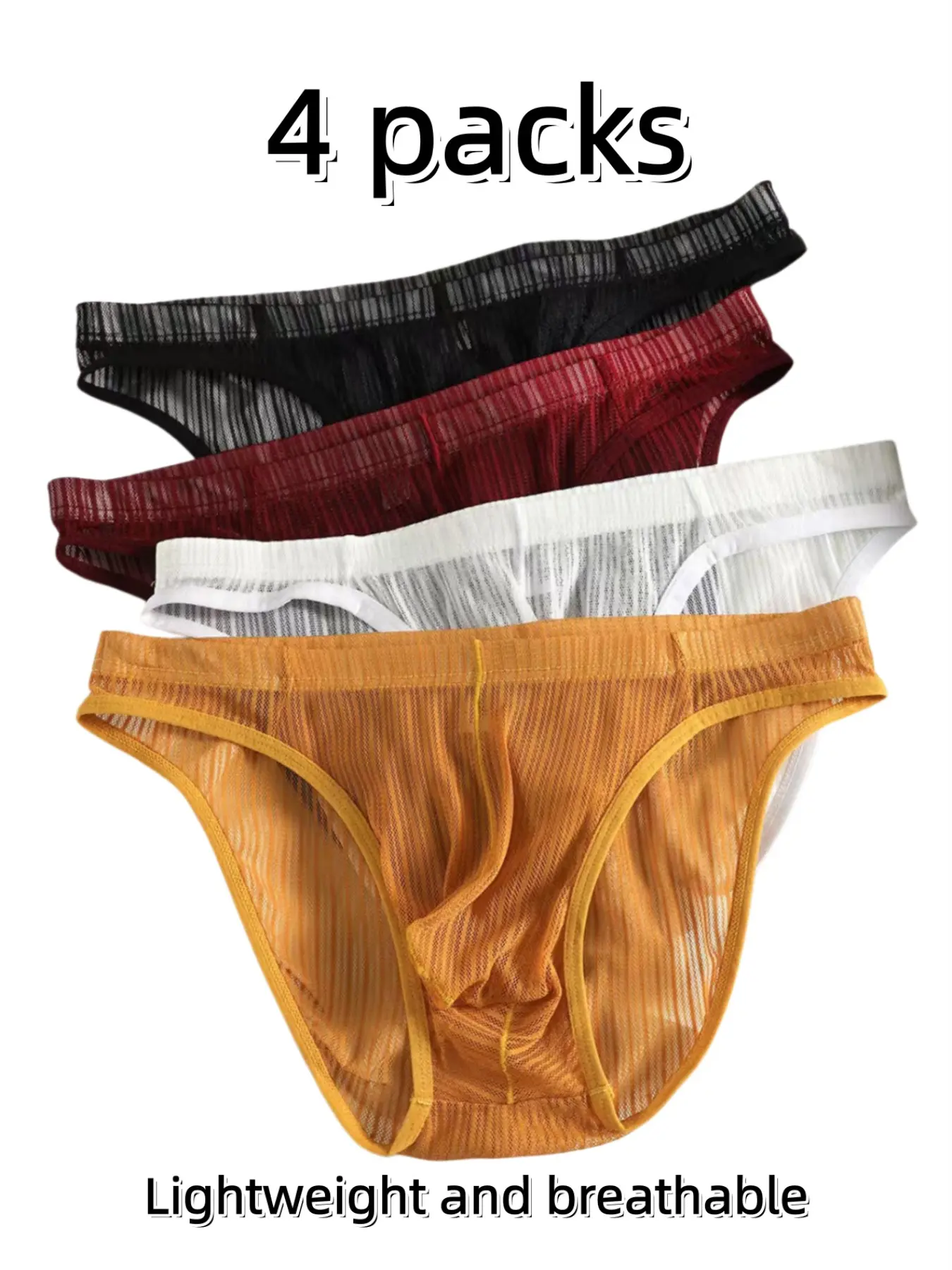 4-Pack Vertical Stripe Mesh Men's Briefs, High Breathability Sexy Combo, Casual Slim-Fitting Underwear, All Seasons Solid Pattern