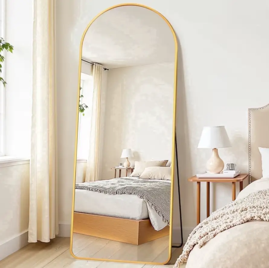 58"x20" Arched Full Length Mirror with Stand, Freestanding Body Mirror, Gold