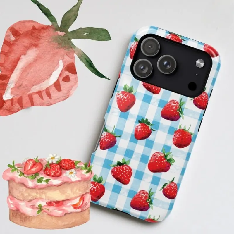 Kawaii Strawberry Gingham Print Polycarbonate Smartphone Case - Durable Protection Casing for iPhone 11,12,13,14,15,16,17 Pro Max, Air, Plus Cellphone Handheld Accessories
