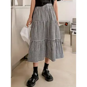 Gingham Pattern High Waist Skirt, Casual Tiered Hem A-line Midi Skirt For Spring & Summer, Women's Clothing