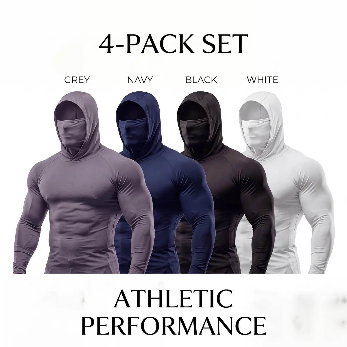 Men's 4-Pack Summer UPF50 Sun Protection Hoodies, Quick Dry Breathable Compression Shirts with Built-in Face Cover, Long Sleeve Tactical Athletic Tops for Fishing, Hiking, Construction, Gym, Spring & Fall Outdoor Work Wear