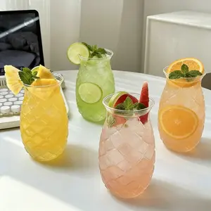 Set of 4 Large-Capacity Clear Glass Cups with Straws Fruit Juice Water Beer Pineapple Cups for Home Office Party Kitchen Supplies Drinkware