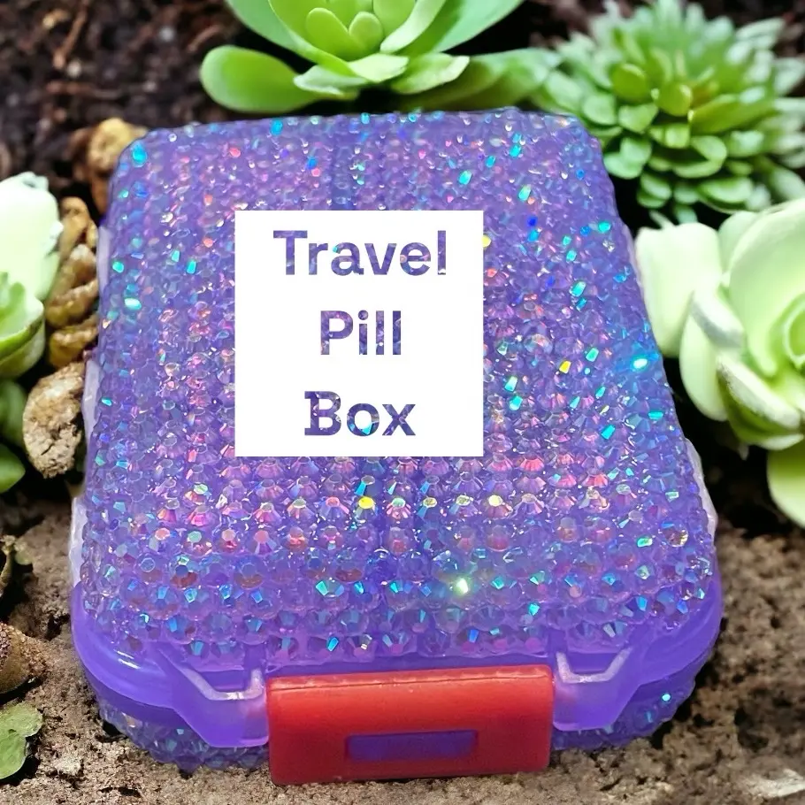 Bedazzled Travel Portable Pill Pharmacy - 10 Separate Sealed Storage Compartments with Rhinestone Accents, Compact Design for On-the-Go Use