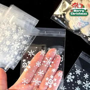Clear Self-Adhesive Snowflake Christmas Bags - Plastic Cellophane Treat & Goodie Bags with Snowflake Print, Winter Party Wedding Favor Packaging, Small Gift Packaging Birthdays, Treats, Party Decorations, Festive Supplies