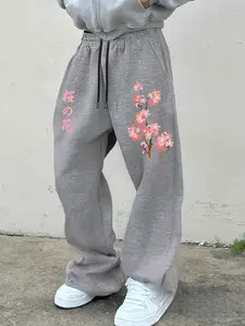 Men's Casual Sporty Long Pants, Sakura Print Drawstring Wide Leg, Fitted Floral Pattern, All Seasons Fashion, Floral Print Sweatpants