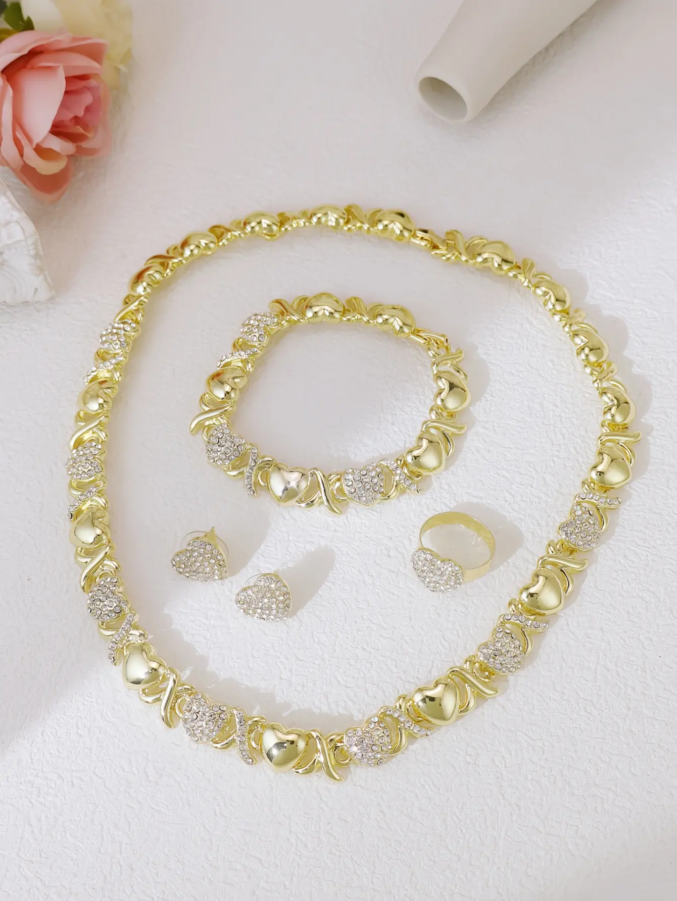 Women's 4-Piece Elegant Gold-Plated Love Hug Female Jewelry Set - Heart Pendant Necklace, Earrings, Chain & Link, Stylish Accessories for Parties, Weddings, Meaningful Gifts, Fashion Jewelry Set, Gold Jewelry