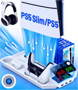 BEBONCOOL PS5 Slim Stand with 3 Levels Cooling Station and Controller Charging Station for PS5, PS5 Accessories-Cooling Fan, Headset Holder, 13 Game Slot for Playsation 5 Slim Console Disc/Digital