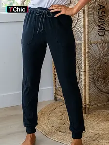 Women's Casual Solid Color Ribbed Pocket Drawstring Pants, High Waist Slim-Fitting Long Regular Fit, All Seasons Wear