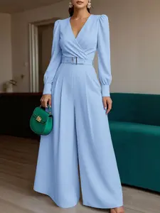 Women's Casual Chic Elegant Jumpsuit V Neck Long Sleeve Cross Slant Pocket Wide Leg Pants Back Zipper Belted Design for Daily Parties
