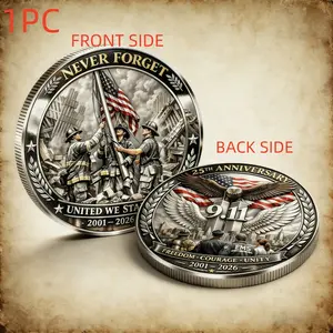 1PC 9.11 Memorial Anniversary Commemorative Coin Alloy 3D Relief Never Forget Theme Freedom Courage Unity Tribute Collection Decorative Display Gift for History Enthusiasts Collector Friend Office Desk Shelf Living Room Decoration Anniversary Celebration