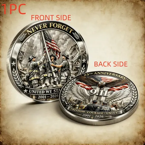 1PC 9.11 Memorial Anniversary Commemorative Coin Alloy 3D Relief Never Forget Theme Freedom Courage Unity Tribute Collection Decorative Display Gift for History Enthusiasts Collector Friend Office Desk Shelf Living Room Decoration Anniversary Celebration