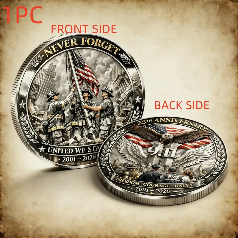 1PC 9.11 Memorial Anniversary Commemorative Coin Alloy 3D Relief Never Forget Theme Freedom Courage Unity Tribute Collection Decorative Display Gift for History Enthusiasts Collector Friend Office Desk Shelf Living Room Decoration Anniversary Celebration