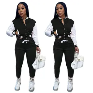 Stitching Jacket Single Baseball Set Two Piece Wear with White Trim and Black Pants