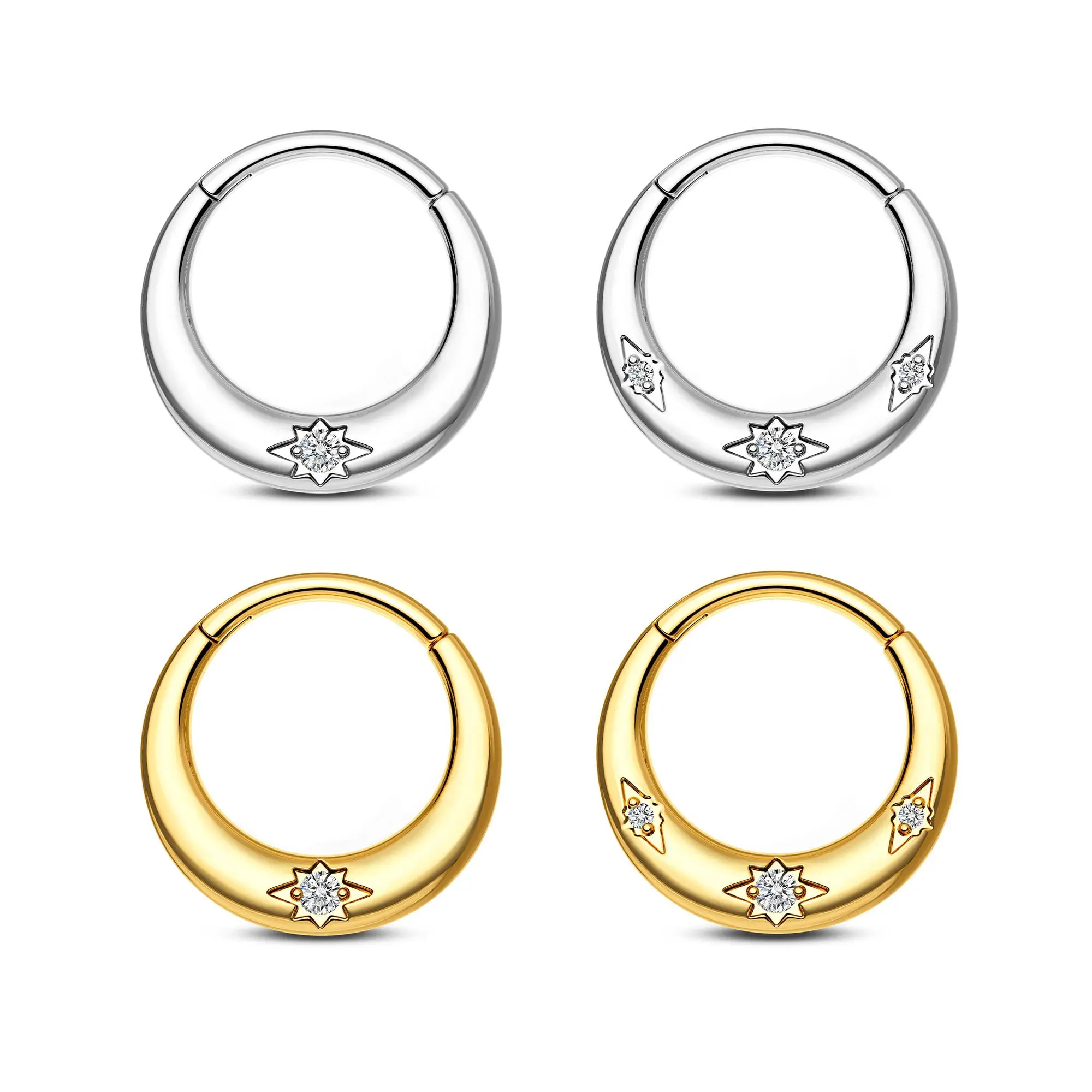 Chunky Design Hypoallergenic Septum Rings - 16G 316L Stainless Steel Hinged Clicker Nose Hoop, Cubic Zirconia Paved with Bling Effect, 8mm/10mm Septum Piercing Body Jewelry, Unisex