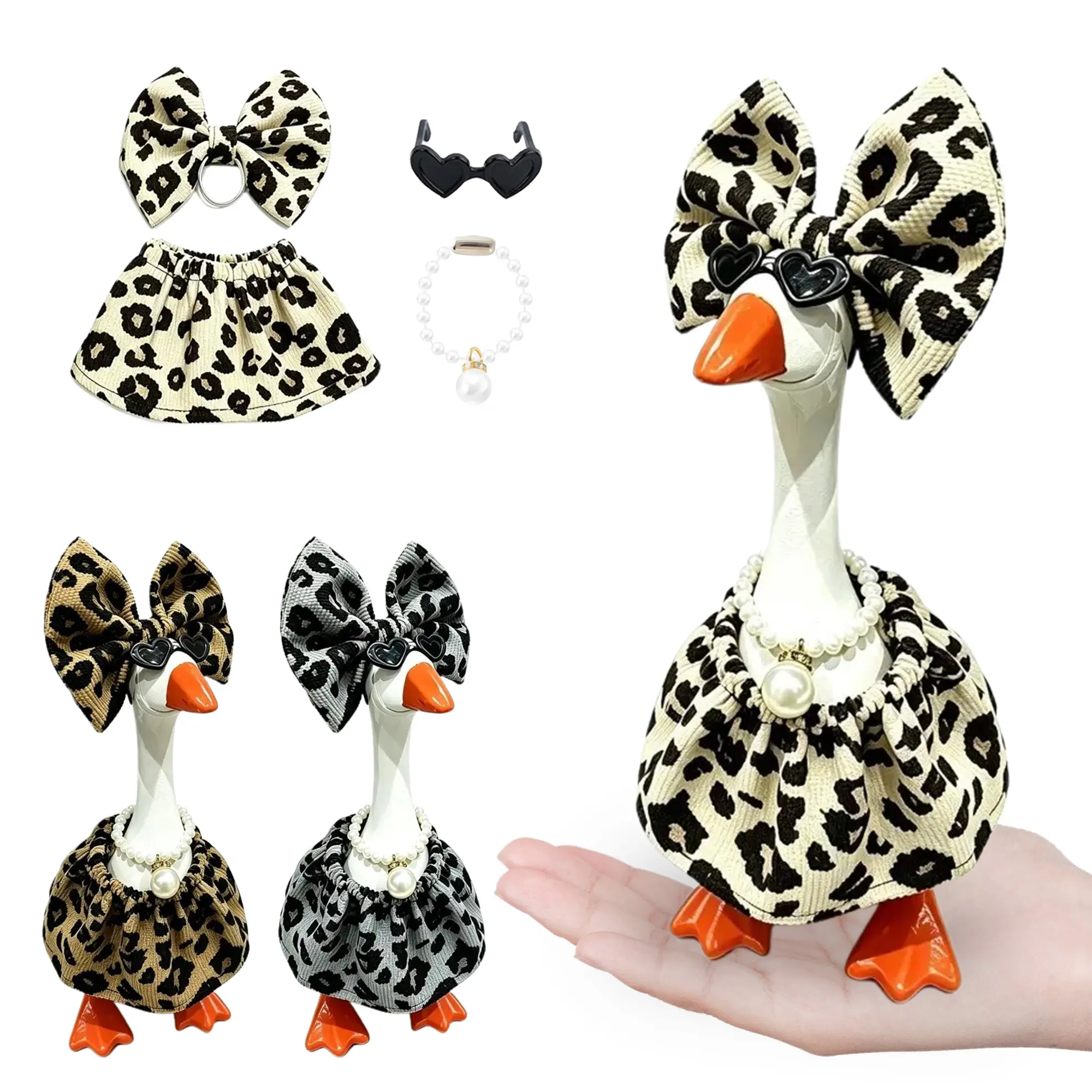Leopard Print Outfit for 7Inch Desk Goose,4Pcs Adorable Clothes With Accessories Includes Dress Bow Necklece Sunglasses,Perfect Set For Magnetic Resin Desktop Goose Key Holder,Perfect Desk Decor&Cowoker Gift