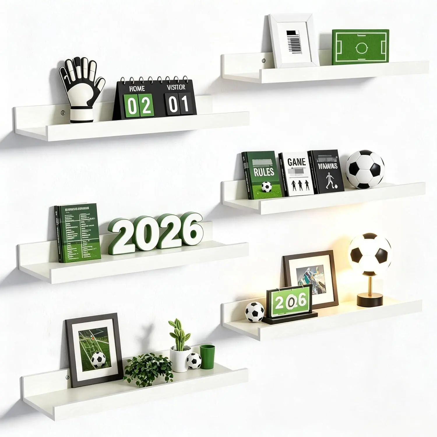 6-Piece Rustic Modern Rustic Wall-Mounted Floating Wood Shelves, Durable White Space Saver Photo Ledge for Bedroom, Living Room, Easy Installation for 5 - 10 Kg Books, Frames, Plants Storage