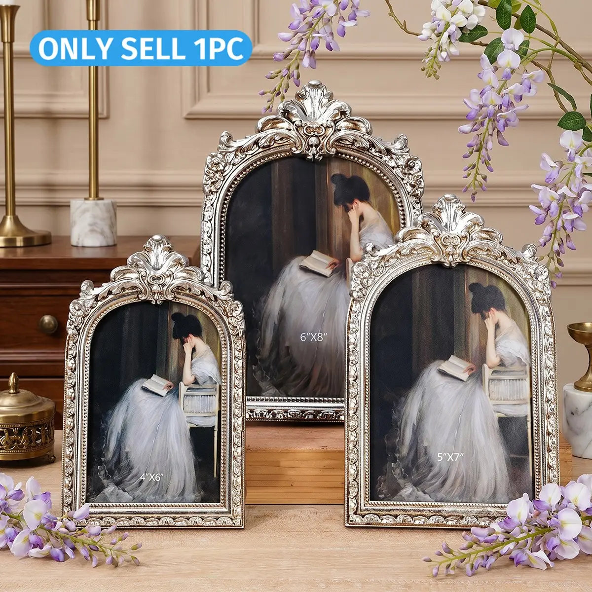 Vintage Silver Color Arched Lace Photo Frame, Sturdy Frame Design, European Antique Style Desk Decor, Home Decoration, Bedroom Ornament, Photography Prop, Picture Frames