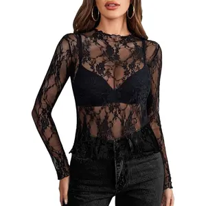 Women's Layering Mesh Top Long Sleeve Mock Neck Sheer Blouse ，Plus Size See Through Floral Lace Tops