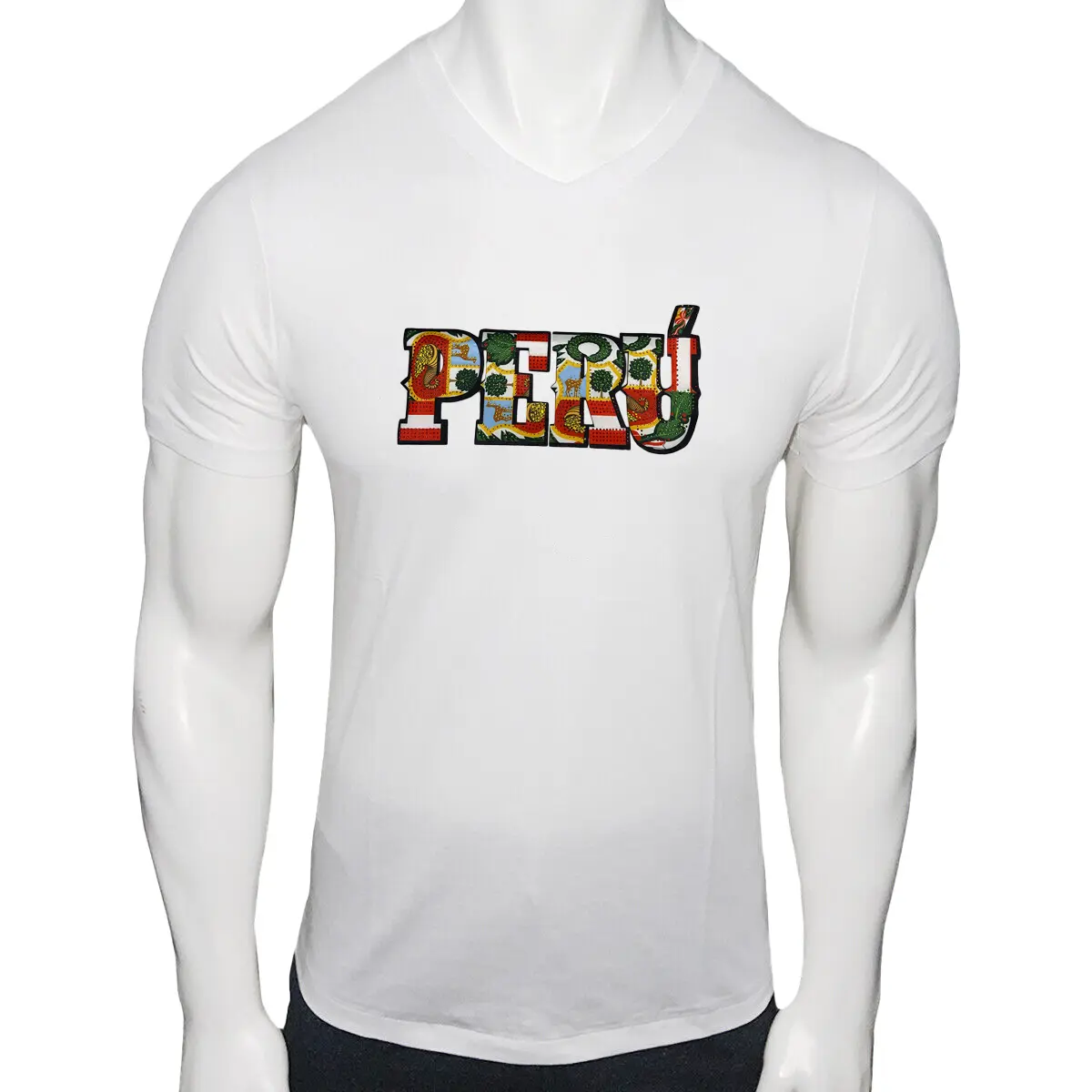 New Peru Coat Of Arms Rhinestones Shield Peruvian Men's V-neck Short Sleeve T-Shirt