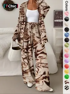 Women's Loose Fashion Zebra Striped Two-Piece Set, Womenswear, Casual Long Sleeve Shirt and Wide-Leg Pants for Spring & Fall, High Waist Drawstring Design Trousers